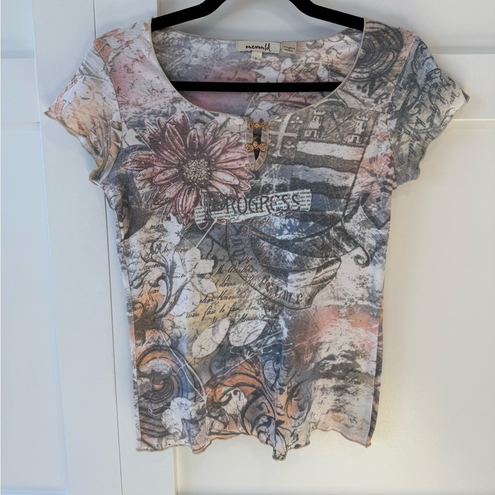 Y2k Tee with Floral & Lettering Details. Pink Rhinestones. Size small.